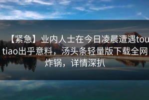 【紧急】业内人士在今日凌晨遭遇toutiao出乎意料，汤头条轻量版下载全网炸锅，详情深扒