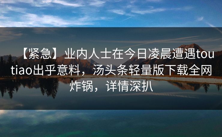 【紧急】业内人士在今日凌晨遭遇toutiao出乎意料，汤头条轻量版下载全网炸锅，详情深扒
